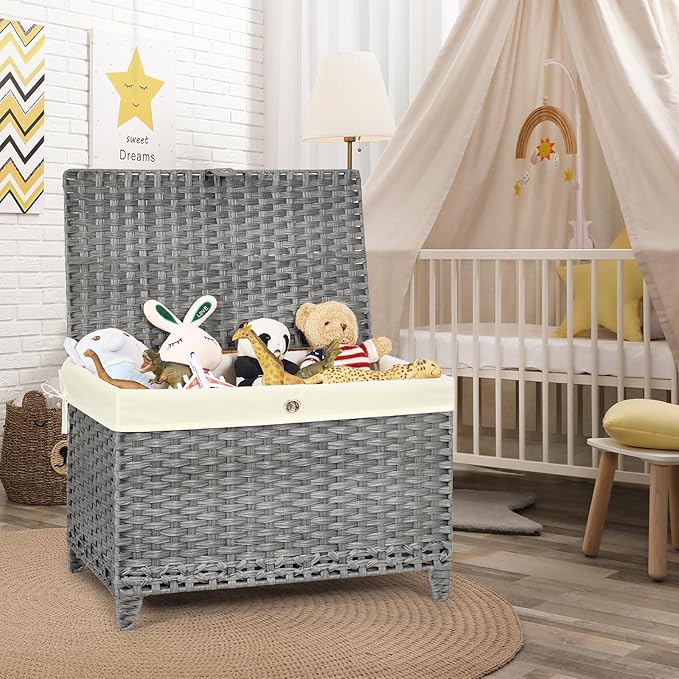 Wicker Storage Basket with Lid, 200L Storage Bin with Removable Liner Bag | Rattan-Inspired Shelf Basket Design, Storage Trunk with Heightened Feet, Wardrobe Storage Container & Home Organizer