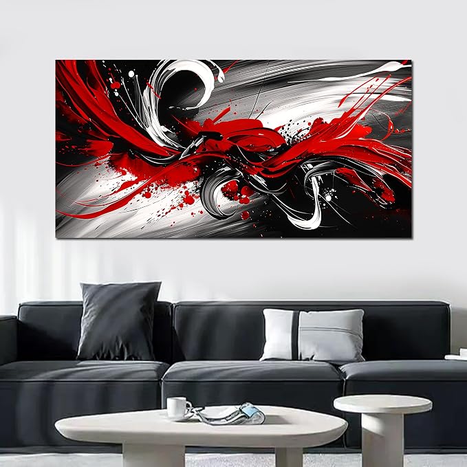 Black and White Red Large Canvas Wall Art for Living Room Framed Print Picture Painting Bedroom Office Wall Decor Modern Room Abstract Wall Decorations Artwork Size 24x48 Ready to Hang