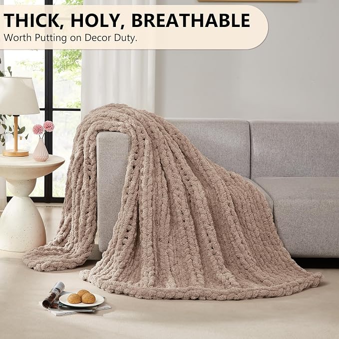 L'AGRATY Chunky Knit Throw Blanket for Couch, 60 x 80 Inches, Light Taupe | Handmade Chenille Crochet Blanket for Sofa Bed, Thick Cable Knitted Blankets for Room Home Decor, Birthday Gift for Women Mom