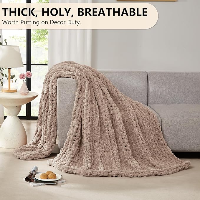 L'AGRATY Chunky Knit Throw Blanket for Couch, 80 x 90 Inches, Light Taupe | Handmade Chenille Crochet Blanket for Sofa Bed, Thick Cable Knitted Blankets for Room Home Decor, Birthday Gift for Women Mom