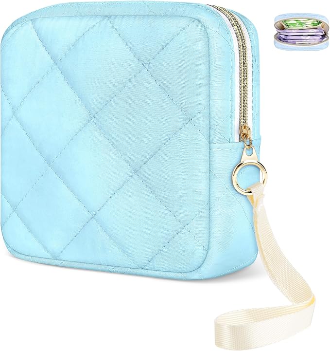 Likesing Quilted Period Bag, Period Pouches for Teen Girls Womens, Portable Sanitary Napkin Storage Bag with Wrist Strap Feminine Emergency Tampon Pad Pouch(Blue)