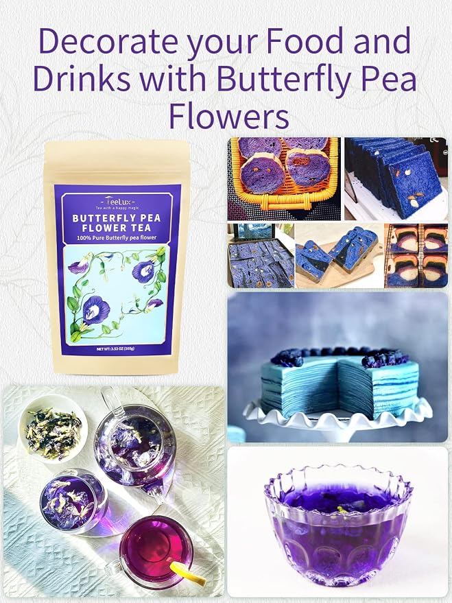 TeeLux Butterfly Pea Flower Tea, Non-GMO, Natural, Premium Dried Butterfly Pea Flower for Blue & Purple Drinks and Food Coloring, 3.5 Oz