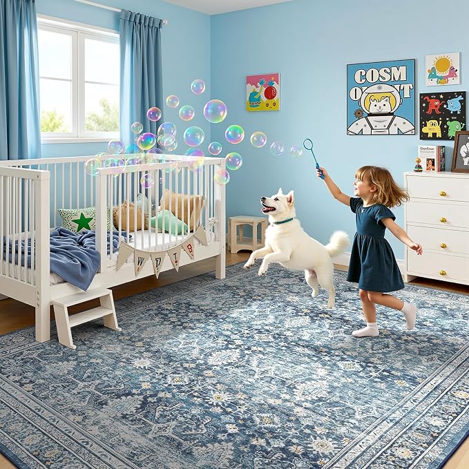 6x9 Area Rugs for Living Room Bedroom, Blue Washable Non-Slip Carpet | Soft Area Rug for Dining Room Home Office Indoor Nursery, Stain Resistant, Low Pile, Vintage Boho Distressed Rug