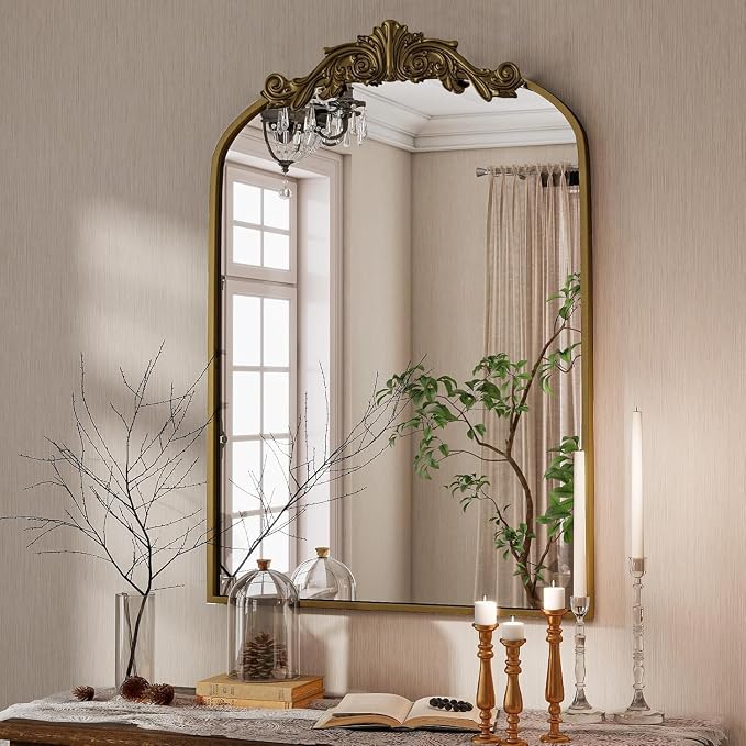Dewfig Antique Arched Wall Mirror, 36"x24" Vintage Bronze Bathroom Mirror | Ornate Baroque Metal Frame Brass Mirror, Victorian Antique Bronze Mirrors for Living Room, Bathroom, Fireplace, Wall Decor