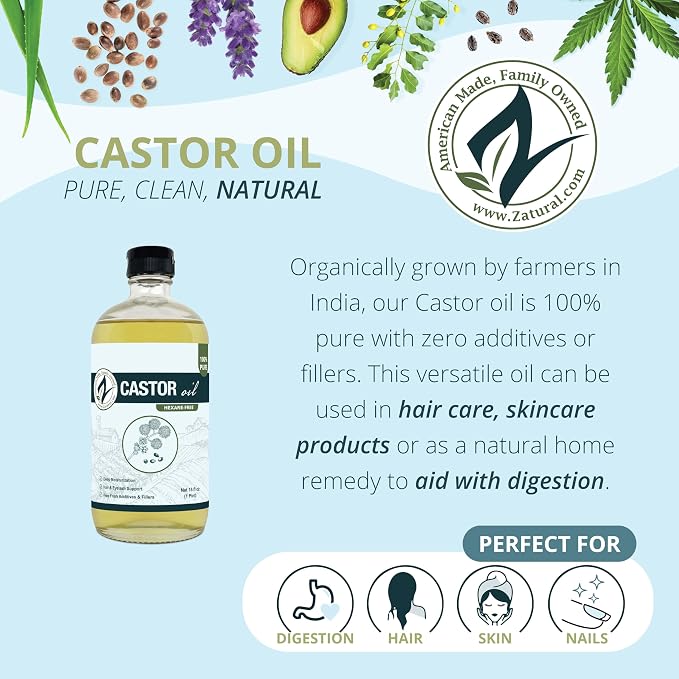 Zatural Castor Oil Naturally Grown 100% Pure Cold Pressed Castor Oil Hexane Free Hair Growth Eylash Serum and Eybrows or Body Wraps and Detox (Glass 16oz)
