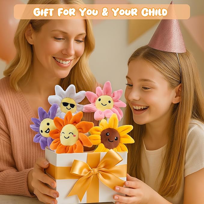 Mood Support 5 Bendable Flower Plush Bouquet in Basket| Emotional Encouraging Support Stuffed Animals Toys, Squishy Daisy & Sunflower Stems | Valentine's Day Gifts for Her, Wife, Girlfriend
