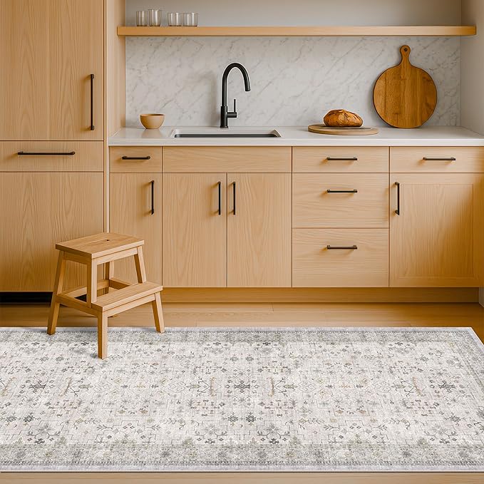 Hazo Haus Washable Light Gray & Sage 2'6"x8' Wide Runner Rugs for Kitchen, Boho Bathroom Rug, Non-Slip & Stain Resistant Long Floor Hallway Rug, Vintage Neutral Floral Décor