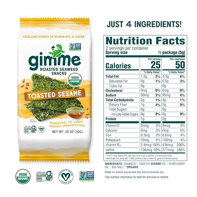 Gimme Seaweed Organic Premium Roasted Seaweed Snacks, Toasted Sesame, 12 Count Sharing Size, Keto, Vegan, Gluten-Free, Great Source of Omega3s and Iodine, Healthy On-The-Go Snack for Kids and Adults
