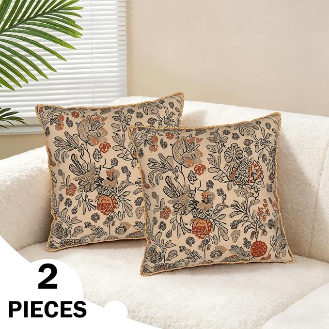 KSLIDS Art Boho Floral Soft Velvet Throw Pillow Covers Set of 2 Beige Rust Botanical Flowers Decorative Pillow Covers 16x16 Inch Farmhouse Vintage Pillow Case for Sofa Couch Living Room Home Decor