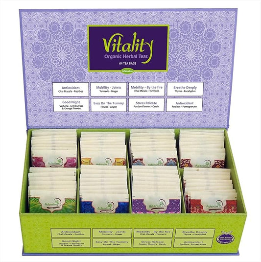 Adanim Bio Vitality Organic Herbal Tea Sampler Gift Box Caffeine Free 8 Unique Flavors for Tea Lovers 64 Individually Wrapped Tea Bags Variety Pack