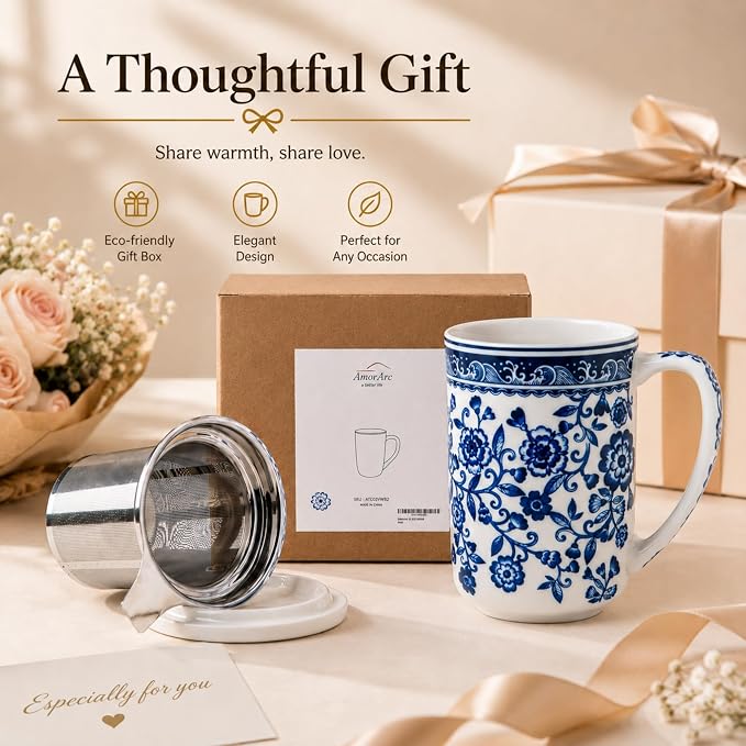 AmorArc Porcelain Tea Mug with Infuser and Lids, 18 Oz Coffee Cup Strainer with Bag Holder for Loose Leaf Tea, Steeping Coffee Mug for House-warming Wedding Birthday Gift