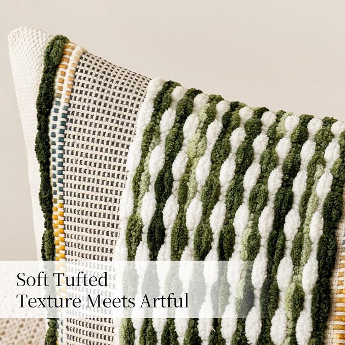 ANRODUO Boho Decorative Pillow Covers Olive Green Stripe 14x36 Pack of 1 | Throw Pillow Covers, Farmhouse Cushion Case, Long Chenille Pillow Cases, Lumbar Pillow Covers, Pillowcase for Sofa Bed