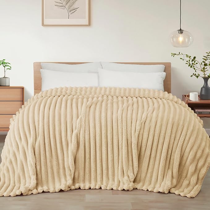Exclusivo Mezcla Striped Twin Size Fleece Blanket for Bed, Couch, 60"x80" | Soft Breathable Cozy Bed Blankets, Lightweight Plush Fluffy Fuzzy Jacquard Decorative Blankets