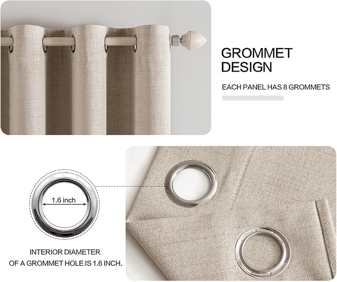 MIULEE Linen Textured Curtains Solid 100% Blackout for Bedroom Thermal Insulated Taupe Grommet Room Darkening Curtains & Drapes Luxury Decor for Living Room 52 x 72 Inch (2 Panels)