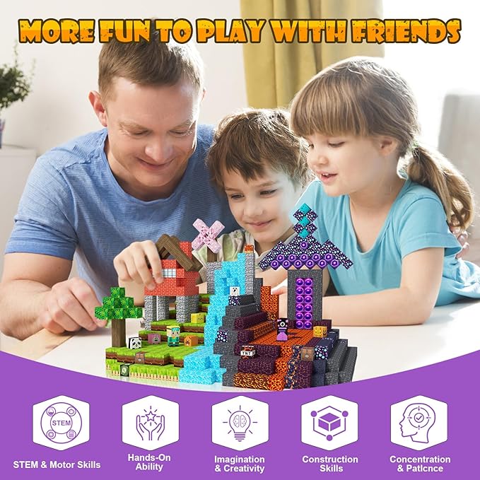 JOMBY 208 PCS Magnetic Blocks - Forest & Volcano Adventure Set, Magnetic Building Blocks Cubes, STEM Sensory Educational Magnet Stacking Toys Boys and Girls Age 3+ Years Old