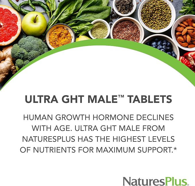NaturesPlus Ultra GHT Male Extended Release Bilayer Tablets - 90 Vegetarian Supplements - Maximum Strength Natural Testosterone & Human Growth Hormone Boost- Gluten-Free - 30 Servings