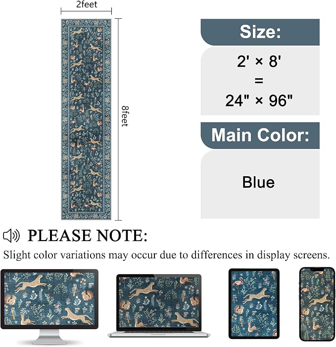 DUKINO 2x8 Washable Runner Rug, Non Slip Animal Kitchen Runner Rug, Blue | Soft, Low Pile, Non-Shedding Indoor Carpet Runner for Hallway, Entryway, Bedroom, Bathroom, Pet Friendly, Stain Resistant