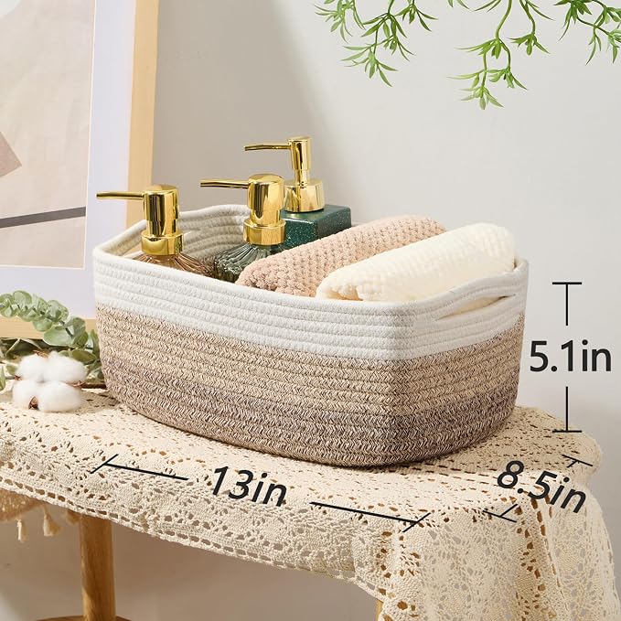 MiniArk Small Storage Baskets for Organizing | Closet Organizer Bins | Shelf Toy Basket | Woven Rope Baskets | Cube Decorative Box | Shallow Basket | 13x8.5x5.1” | 3 Packs Gradient Brown