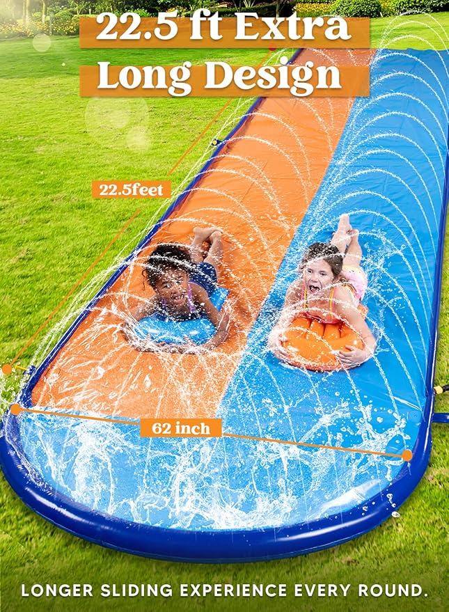 Sloosh 22.5FT Double Water Slides, Heavy Duty Lawn Slide with Sprinkler and 2 Inflatable Boards Backyard Yard Lawn Summer Outdoor Water Toy for Kids Adults