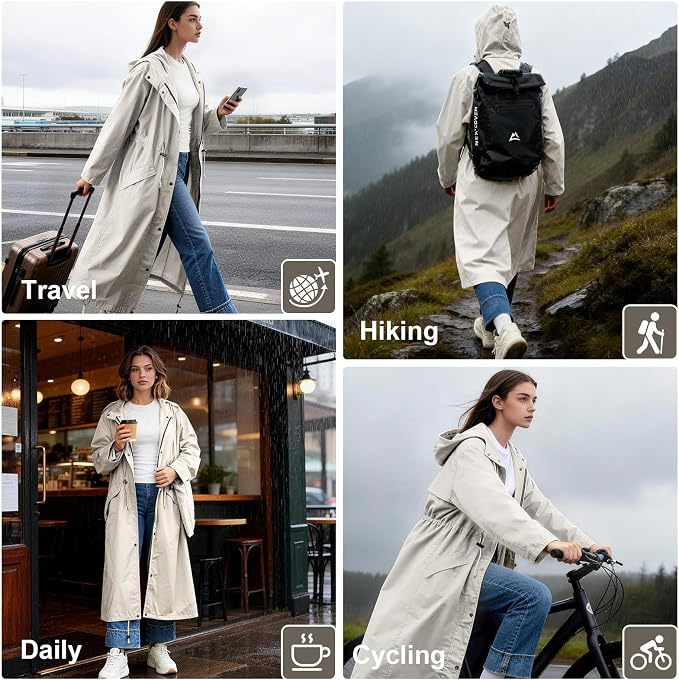 LAMA Womens Long Raincoats Rain Jacket Waterproof Packable Hooded Windbreaker Lightweight Adjustable Waist for Outdoor