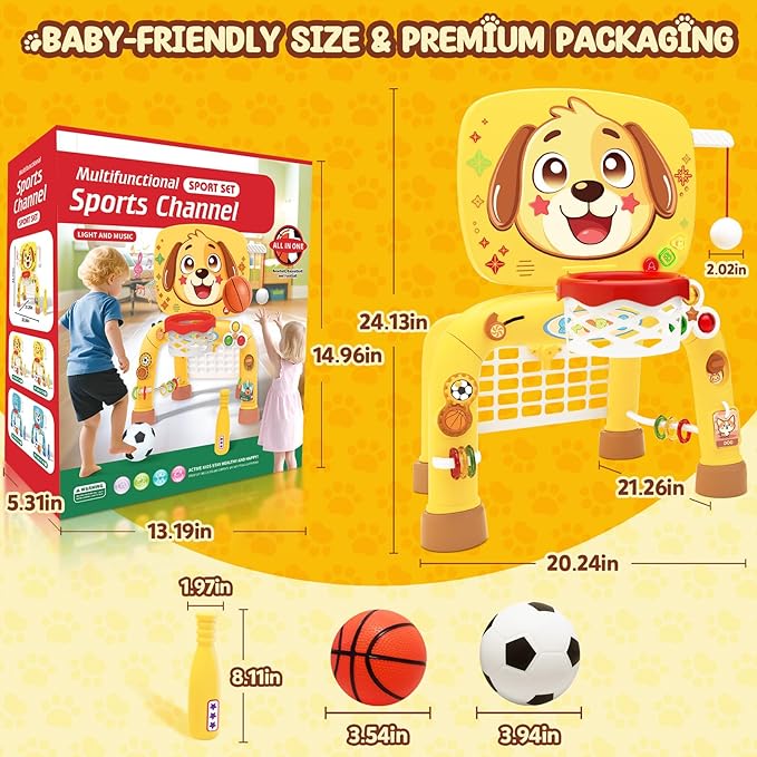 Toys for 1 Year Old Boy - Toddler Basketball Hoop & Soccer Goal & Baseball Activity Center with Light Sound Music, Puppy Montessori Sports Toy,Christmas Birthday Gift for Baby 12-18 Months,Dark Yellow