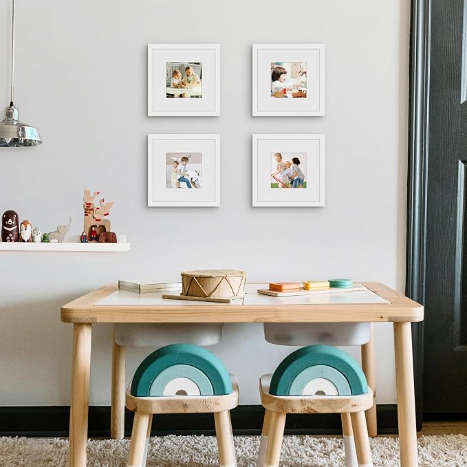 Picrit 8x8 Picture Frame Set of 12, Display 5x5 with Mat or 8 x 8 without Mat, Photo Frames for Wall Mounting or Table Top Display, White