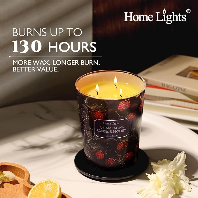 HomeLights Scented Candles for Women & Men, 34oz Candle Jars Aromatherapy 3-Wick Candle, Ideal for Eclectic Mixed Styles Home Decor and Gifts, Champagne Cassis & Honey