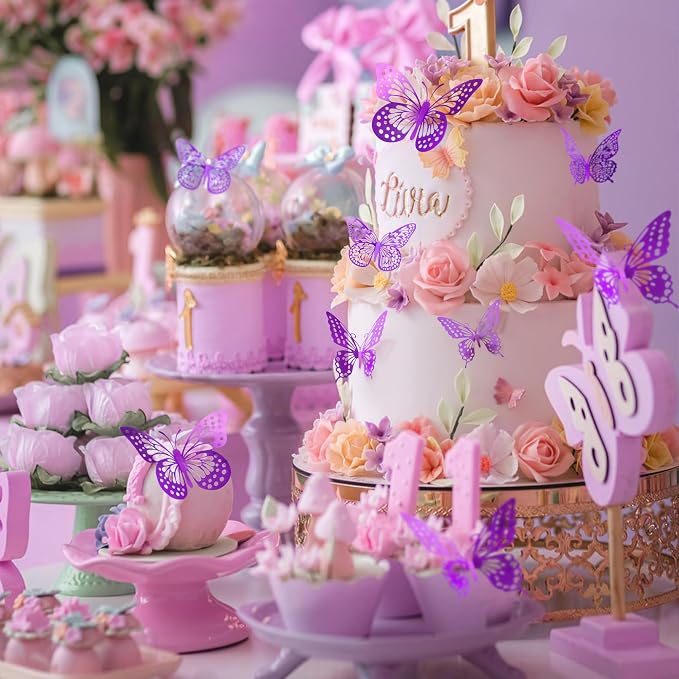 SAOROPEB 3D Butterfly Wall Decor 48 Pcs Purple Butterfly Decorations | 4 Styles 3 Sizes, Birthday Decorations Butterfly Party Decorations Cake Decorations, Removable Stickers