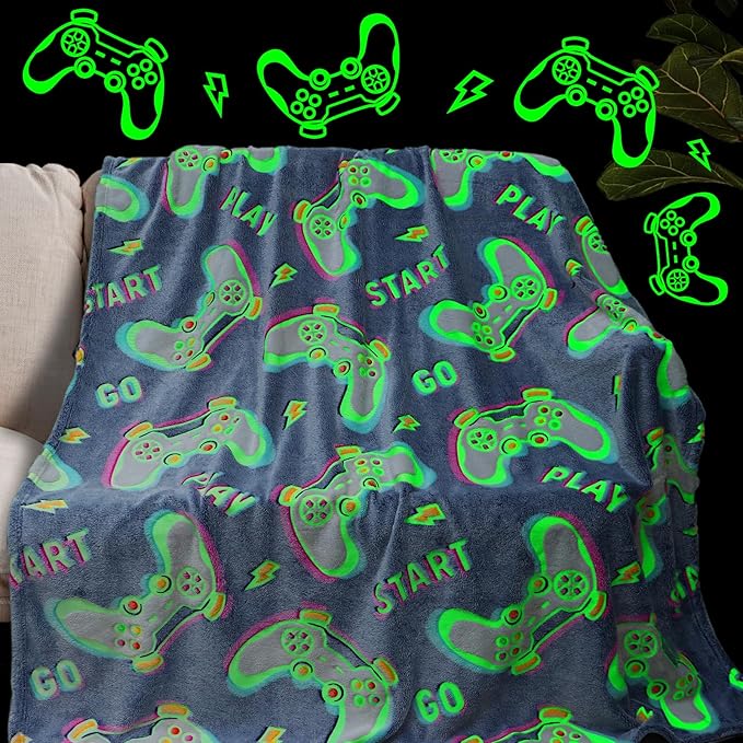 Gaming Blanket for Boys Teens Gamers, Gamer Gifts for Kids, Soft Cozy Video Game Throw Blanket for Bed Sofa Bedroom, Easter Birthday Gifts for 6-12 Year Old Boys, Glow in The Dark, Gaming Room Decor