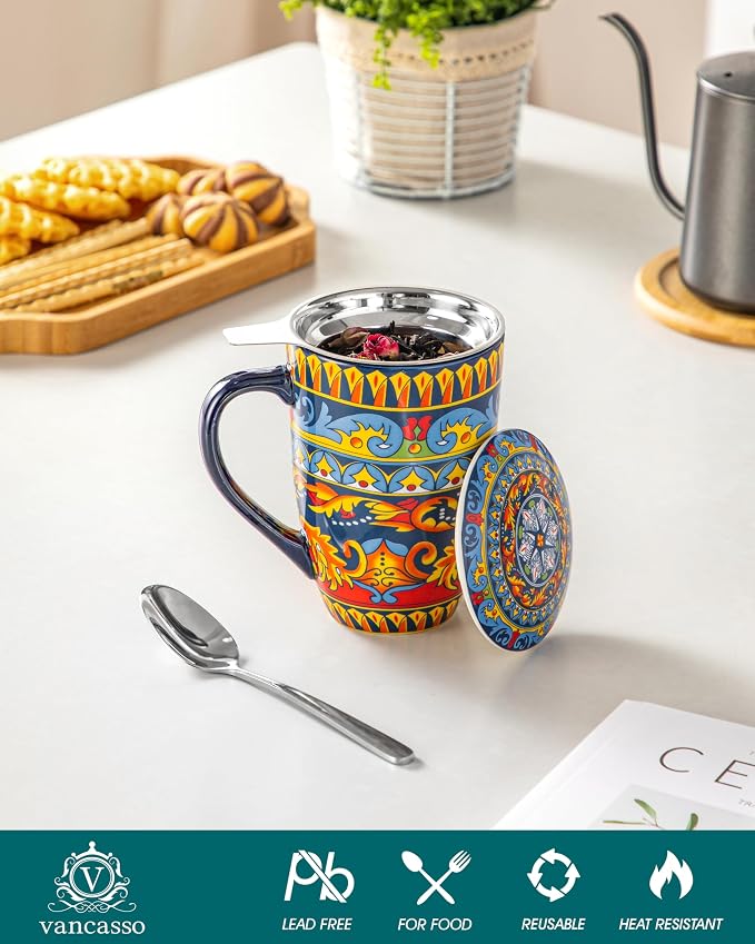 vancasso Ceramic Tea Cup with Infuser and Lid, 18 Ounce Tea Infuser Mug for Loose Leaf Tea, Microwave & Dishwasher Safe, Bohemian Mandala, Gift for Tea Lovers, Midnight Peacock