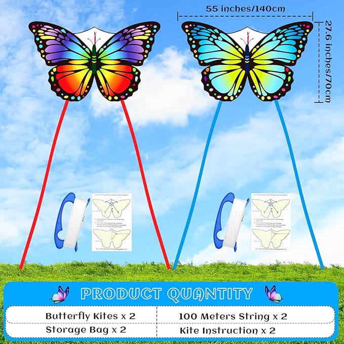 Silipull 2 Pcs Butterfly Kite 55" x 28" Large Kites with 328ft Kite String Beach Colorful Kites for Adults Beginner Outdoor Supplies (Rainbow and Blue)