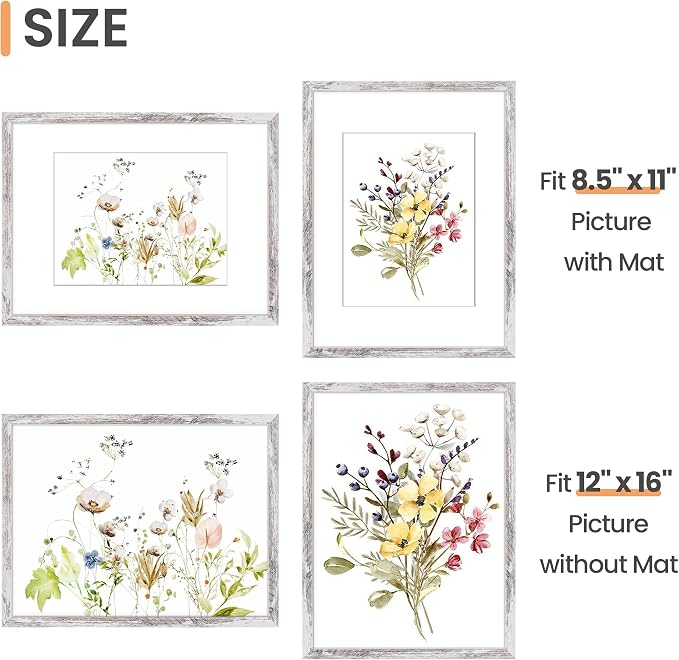 upsimples 12x16 Picture Frame, Display Pictures 8.5x11 with Mat or 12 x 16 Without, Wall Hanging Poster Frames, Rustic White, 1 Pack