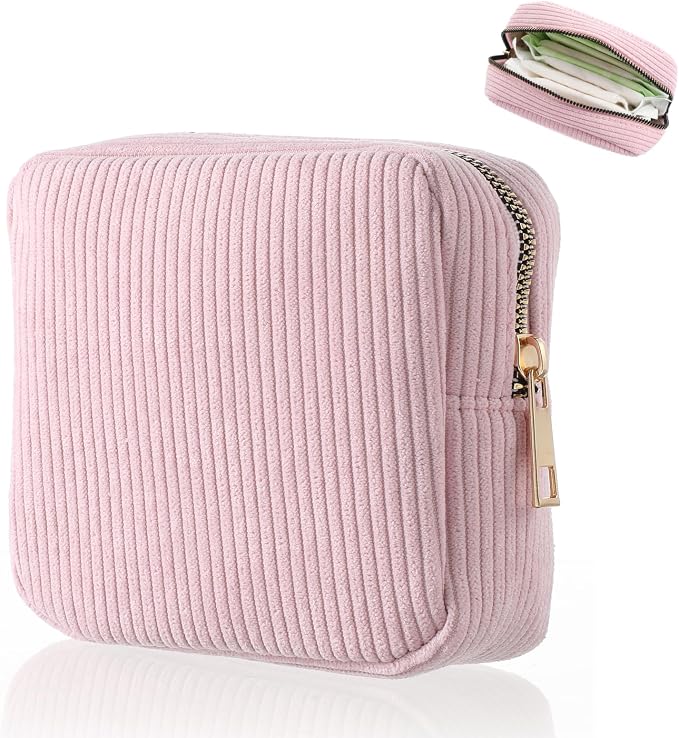 Period Bag for Teen Girls (Pink) | Corduroy Sanitary Napkin Storage Bags Portable Sanitary Pad Storage Bag with Slip-in Pockets