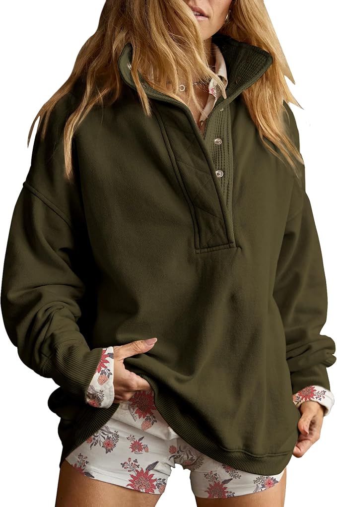 Gacaky Sweatshirt for Women Oversized Casual Long Sleeve Button Henley Neck Pullover Tops Fashion Outfits Clothes