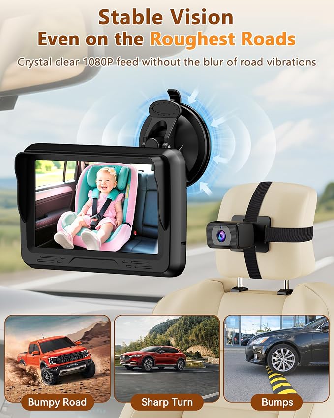 Rohent Baby Car Camera HD 1080P - Rear-Facing Infant Monitor with Night Vision Car Camera for Baby 150° Wide-Angle Lens Anti-Glare Screen Easy Install 360° Adjustable Display