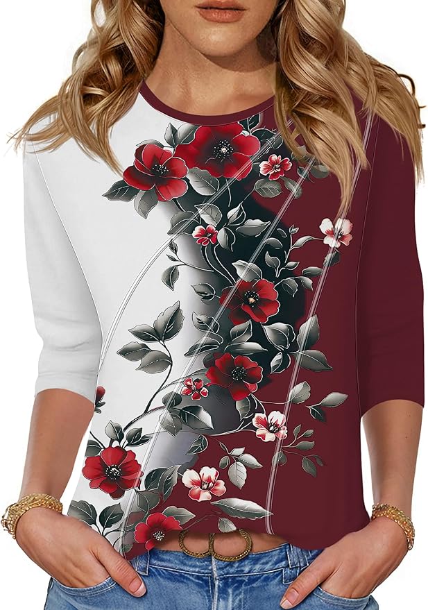 LOMON 3/4 Length Sleeve Womens Tops Spring Summer Fashion 2026 Tops Crew Neck Pleated Shirts Tunic Top Loose Fit