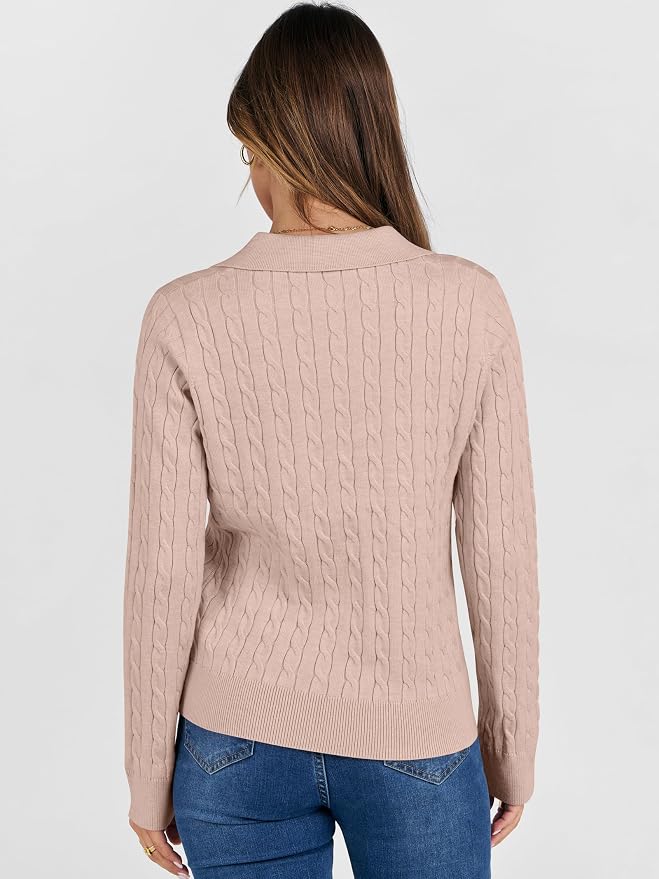 ANRABESS Womens Cable Knit Sweaters Long Sleeve V Neck | Pullover Collared Sweater Tops, Polo Knit Shirts, Business Casual Work, Tennis Golf, Fall Winter Fashion Outfits
