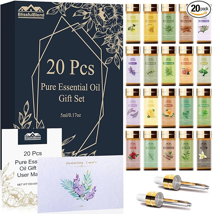 Fragrance Essential Oils Set, Essential Oils for Diffuser, for Home, Skin, Candle & Soap Making-Tea Tree, Lavender, Peppermint, Rose and More, with Gift Card for Friend, Teacher, Mom(20×5ml