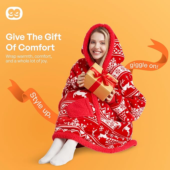 Giggling Getup Wearable Blanket Hoodie for Adults Gifts for Teen Girls Sister Women Sherpa Fleece Printed Hooded Blanket Sweatshirt Warm Cozy with Pocket & Sleeves Red Christmas Reindeer