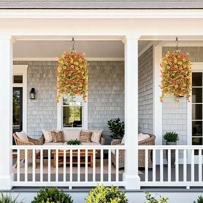 INQCMY Artificial Fake Hanging Flowers Plants for Outdoor Fall Decoration | 2 PCS Faux Silk Daisy with Eucalyptus Leaves,UV Resistant Look Real for Outside Home Planter Porch Patio Balcony Yard Decor