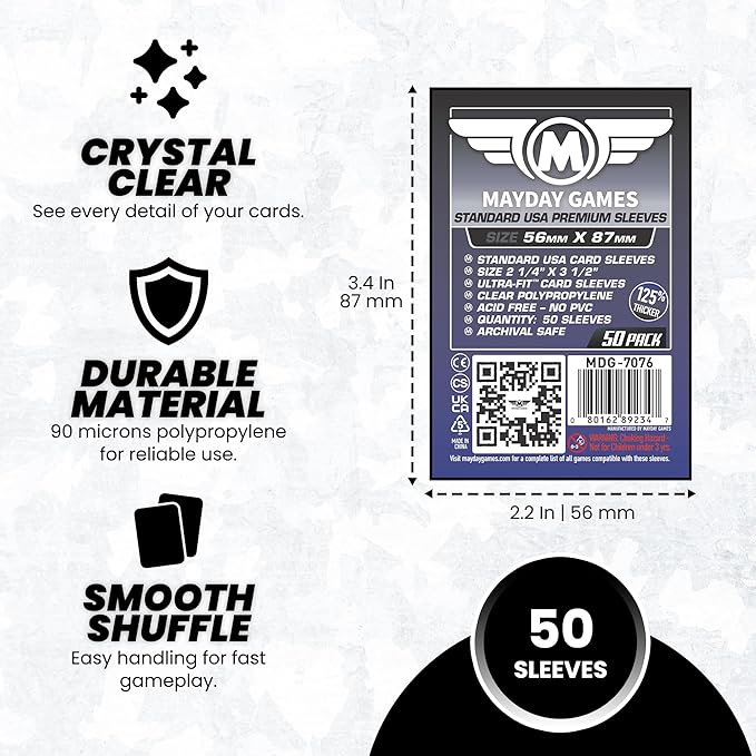 Mayday Games Premium Card Sleeves USA Standard 56x87mm - Clear Board Game and K-Pop Photocard Sleeves, 90 Micron Protector, 50 Pack - MDG-7076