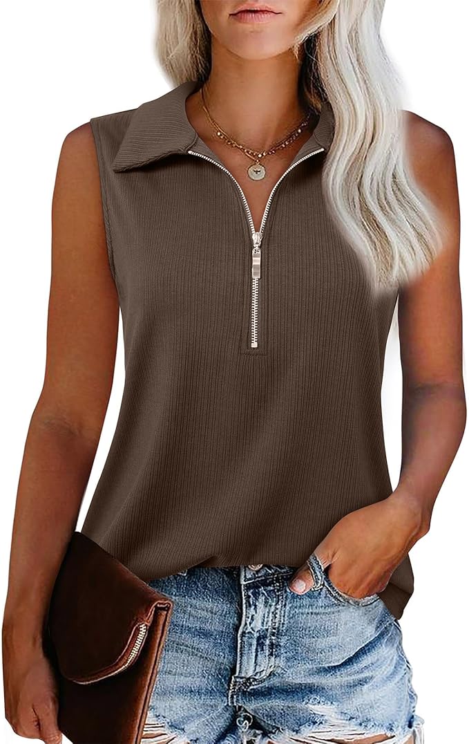 Vivilli Womens Ribbed Tank Top Zipper V Neck Dressy Casual Blouses Sleeveless Camisole Tops Work Tank Polo Shirts