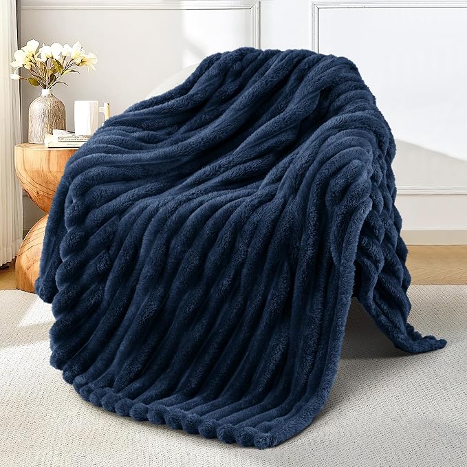 Exclusivo Mezcla Striped Fleece Throw Blanket for Couch, Sofa, Bed, 50"x60" | Soft Breathable Cozy Bed Blankets, Lightweight Plush Fluffy Fuzzy Jacquard Decorative Blankets