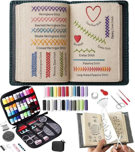 Embroidery Stitch Book Kit for Adults & DIY Craft Lovers,Portable Embroidery Kit for Beginners Enthusiasts,Includes Guide to 106 Patterns with Tools & Tutorials and 86-Piece Sewing Tool Kit(1 Set)