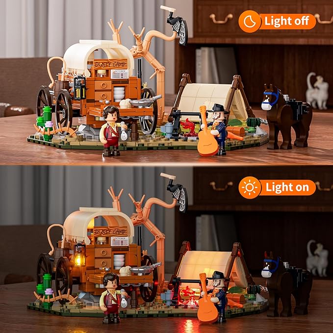 FUNWHOLE Cowboy Camp Lighting Building-Bricks Set - The Old West Shelter with Covered Wagon and Horse 542 Pcs Collection Display Set for Adults and West Lovers