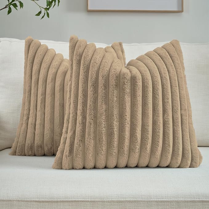 FUTEI Pack of 2 Faux Fur Throw Pillow Covers 20x20 Inch, Khaki | Fluffy Faux Rabbit Fur Front/Premium Velvet Back,Hidden Zipper,Machine Washable,Non-Shedding,Colorfast,Insert Not Included.