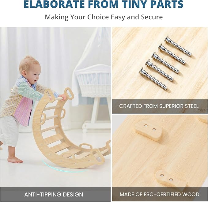 BlueWood Pikler Triangle Set, Toddler Wooden Climbing Toys Indoor 7in1 Climber, Foldable Kids Climbing Toys, Montessori Play Jungle Gym with Arch, Ramp, Ladder (Natural)