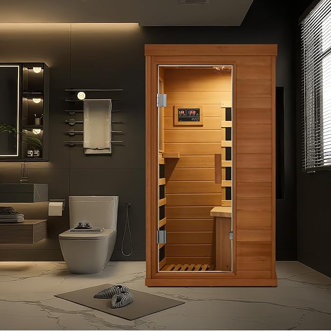 1 Person Sauna, Infrared Home Sauna for Detox & Muscle Recovery, Full Spectrum Hemlock Wooden Dry Sauna with Bluetooth & Tempered Glass Door, Compact Personal Sauna for Gym, 110V