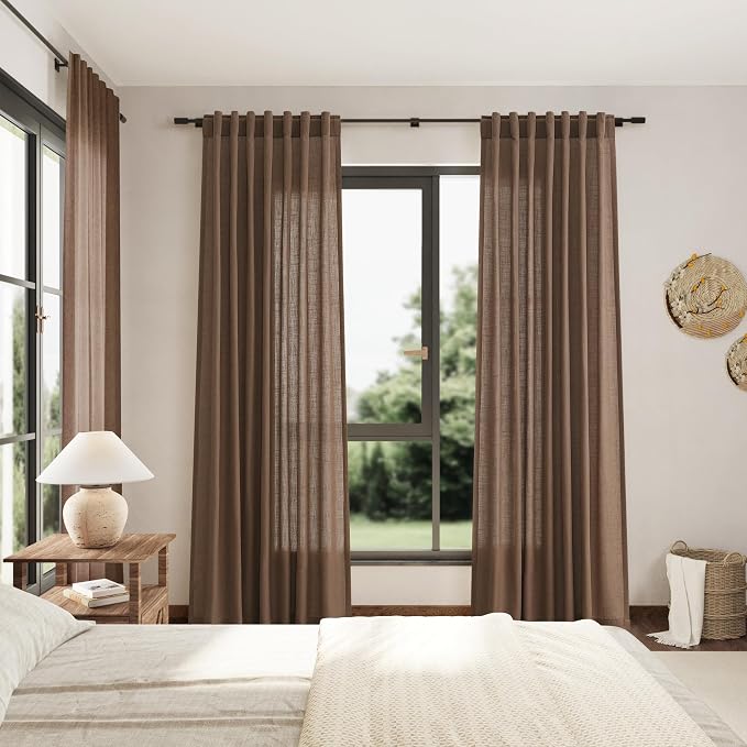 Nanspring Caramel Brown Curtains 100 Inches Long 2 Panels Set Back Tab Linen Extra Long Drapes for Living Room Modern Farmhouse Light Filtering Semi Sheer Linen Curtain for Big Window 52x100
