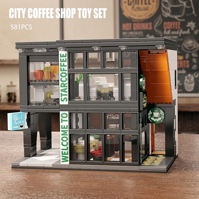 TYCOLE City Coffee Shop Building Block Set, 581PCS Architecture Model with Lights for Display & Decor, Realistic Cafe Toy, Christmas/Birthday Gift for Adults & Kids 8-12